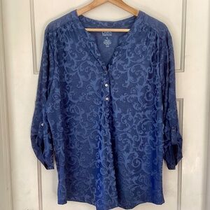 Croft & Barrow Womens XL Velvet Blouse Blue Flocked Roll-Tab Henley Top Paisley
